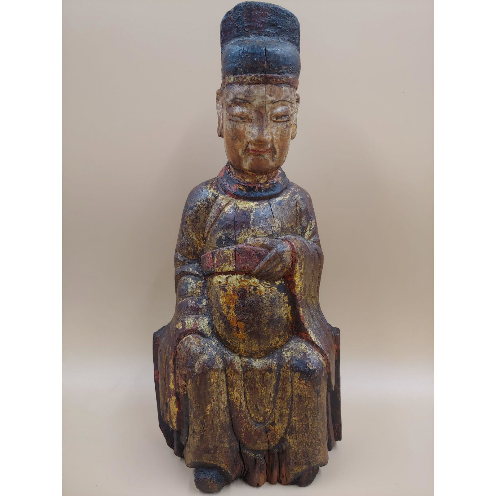 Chinese Carving of a Tao Deity, Possibly Ming Dynasty.: Chinese Carving of a Tao Deity, Possibly Ming Dynasty. A very early shrine figure with a pocket cut in the back to contain prayers. Found at a massive estate in St. Louis, Missouri, brimming with fine