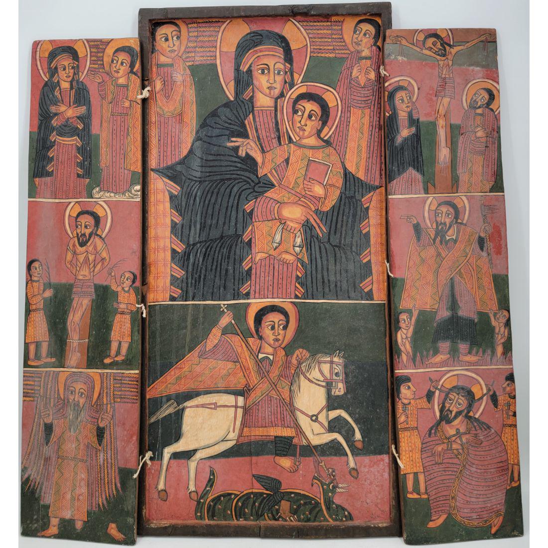 Large Antique Folding Ethiopian Icon 19th Century Polychromed Painted (1 of 20)
