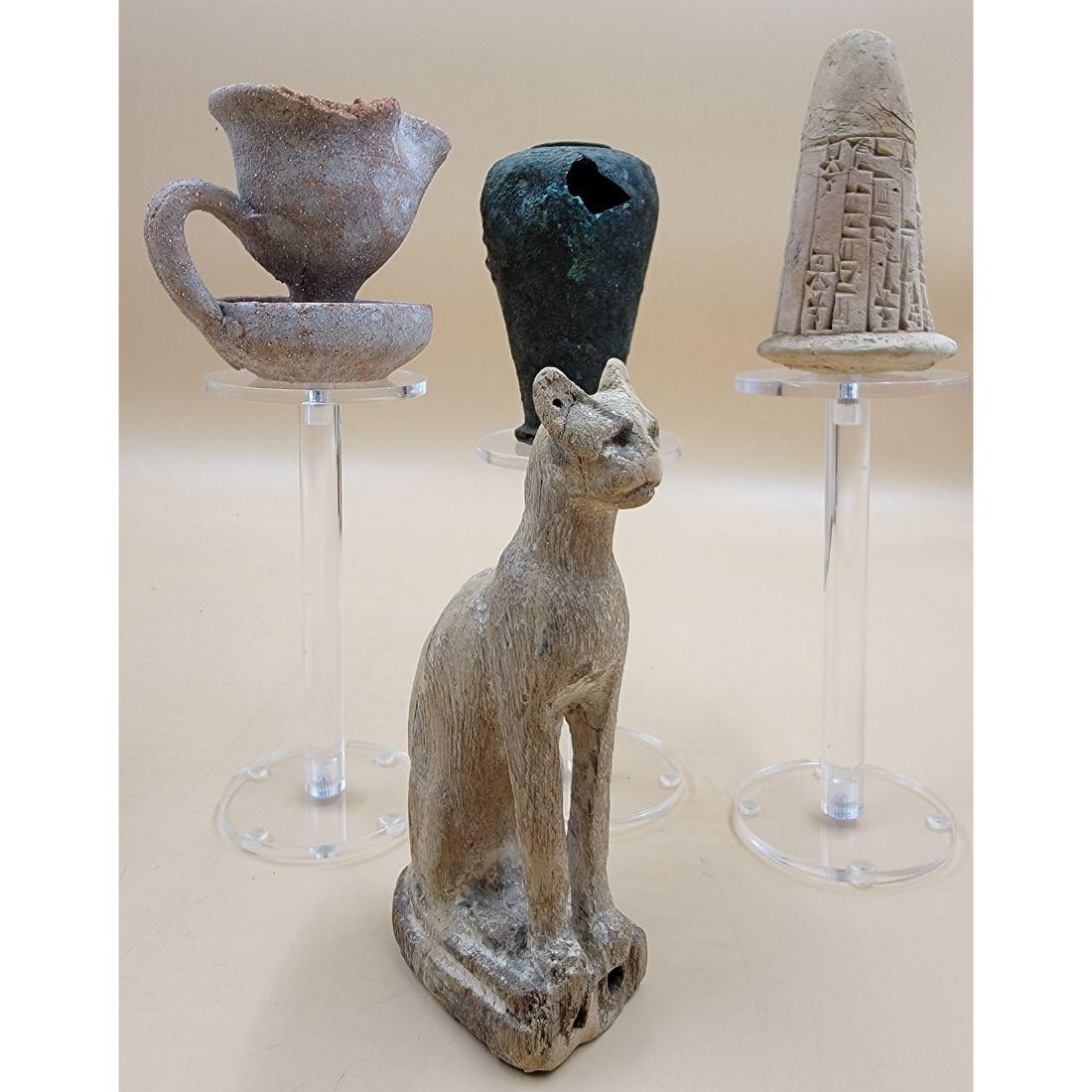 Grouping Of Ancient Terra Cotta , Egyptian Wooden Cat Bronze Vase  Sumerian Foundation Cone (1 of 20)