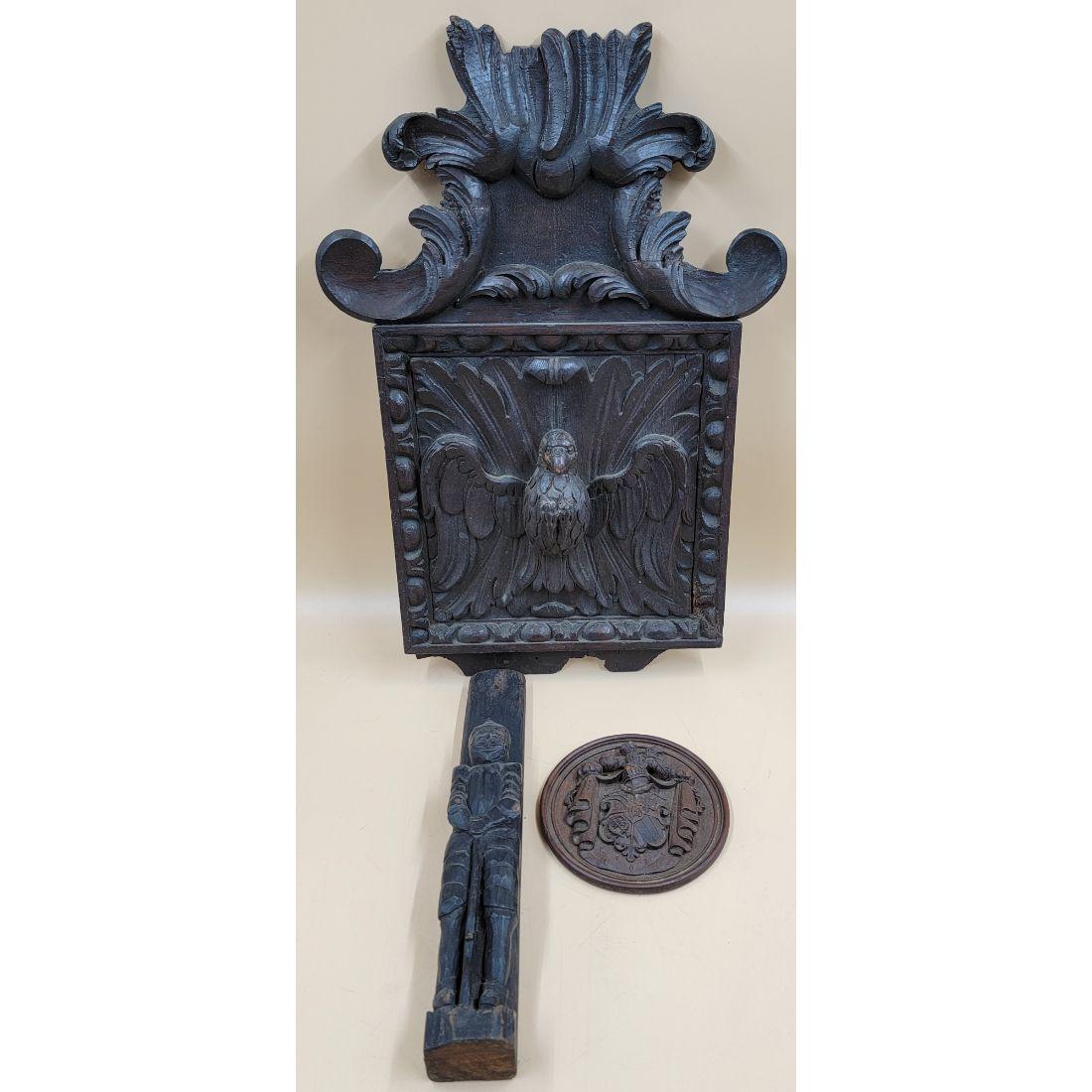 A Grouping Of 18-19th C Wood Carvings Caryatid Soldier And A Coat Of Arms Plaque (3) (1 of 19)