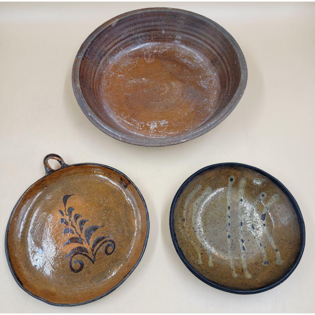 Lot Of 3 Antique Bowls 19th Century 2 Redware 1 Mexican (1 of 20)