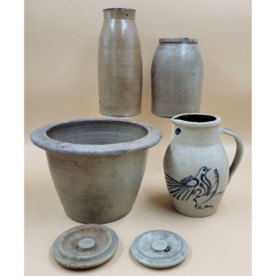 Grouping Of Antique Stoneware Crocks Pitcher Bowl & Lids (1 of 15)