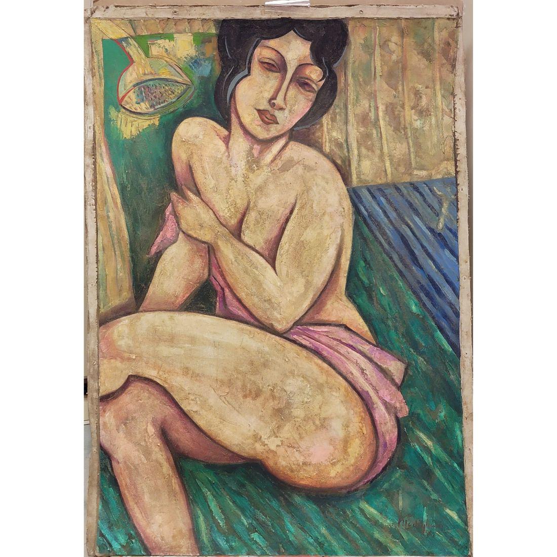 Nude Lady Oil On Canvas Signed Modigliani In Style Of "Amedeo Modigliani": Nude Lady Oil On Canvas Signed Modigliani Unframed And Measures 36.5" X 25". From A Mid Florida Estate. Please carefully read our terms of sale, shipping information, and request any condition reports