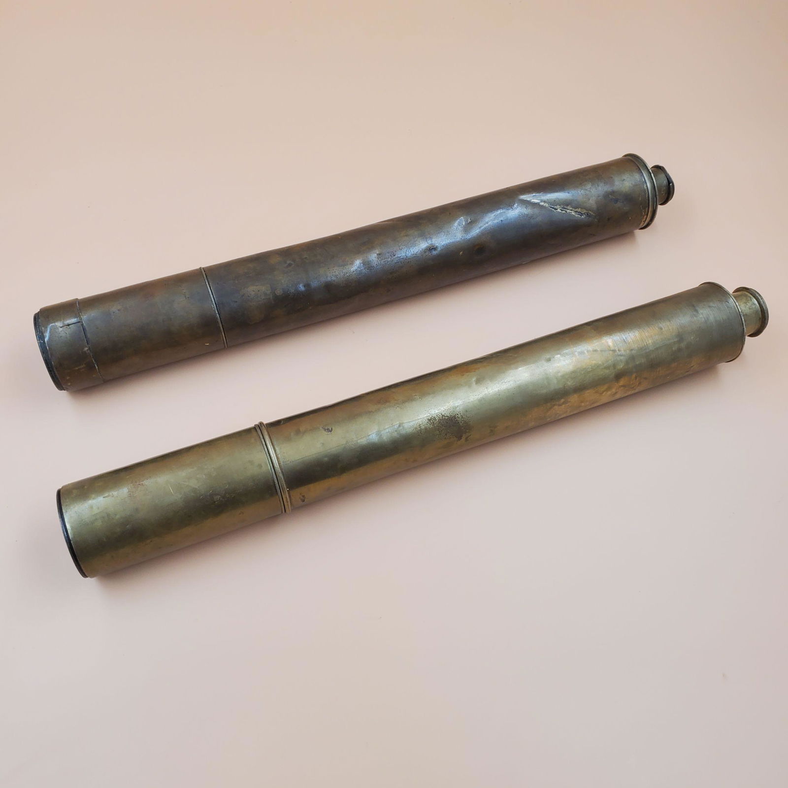 Pair of Inscribed T. Harris & Sons, Day or Night Expandable Telescopes: Pair of Inscribed T. Harris & Sons, Day or Night Expandable Telescopes. On one, it has the owners name, J.J. Messer London inscribed on the first draw, and the other has J. Hughes Rateliff London on i