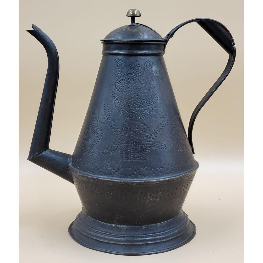 Pierced Tin Coffee Pot 19th Century Pennsylvania Folky Tulip Tree & Flowers (1 of 20)