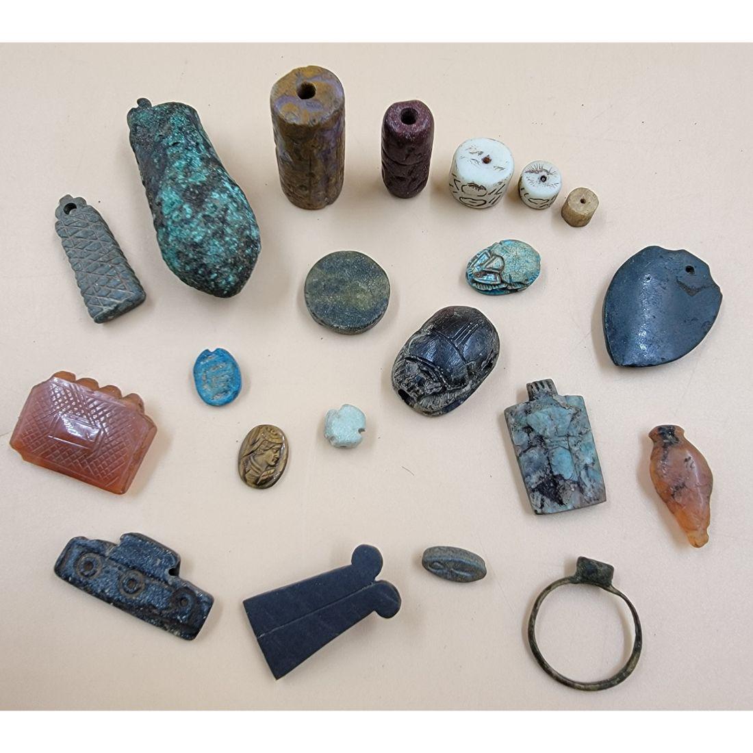 A Grouping Of Ancient Egyptian Beads Pendants Scarabs Bronze Ring With Hieroglyphics (1 of 20)