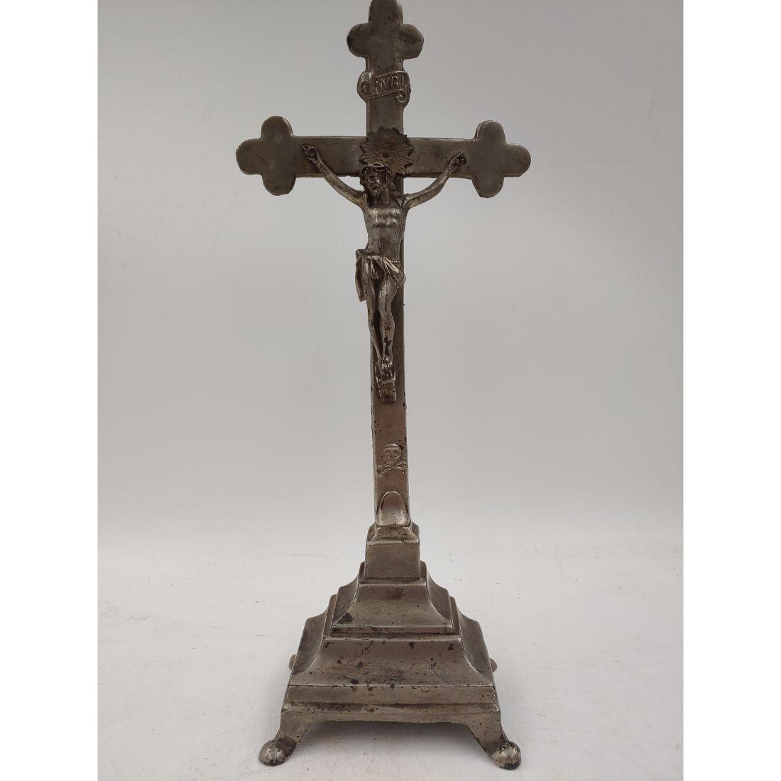 19th C Silver Plated Altar Crucifix: 19th C Silver Plated Altar Crucifix. It stands at 13 3/4" Tall. Please carefully read our terms of sale, shipping information, and request any condition reports or photos prior to placing a bid. Any c