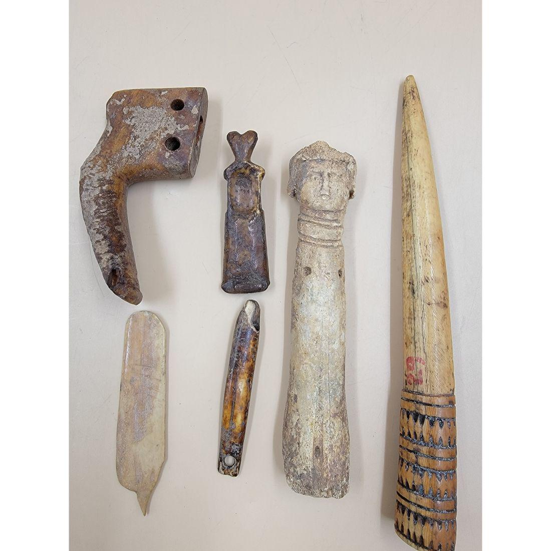 A Grouping Of Very Early Antique Unusual Bone Carvings (6) Inuit Tool: A Grouping Of Very Early Antique Unusual Bone Carvings (6), Various Sizes. This, and many lots forthcoming were found at the massive central Florida estate of a true antiquarian who amassed his magnif