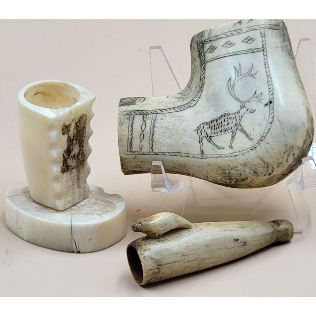 Grouping Of Inuit Carvings, ( Pipe Stem And Cigar Holder?) Scrimshawed (1 of 19)