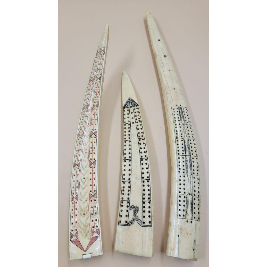 Lot Of 3 Vintage Carved Inuit Cribbage Board Whale Bone: Lot Of 3 Vintage Carved Inuit Cribbage Board, Approx. 12", 14" & 17.5" In Length. This, and many lots forthcoming were found at the massive central Florida estate of a true antiquarian who amassed his