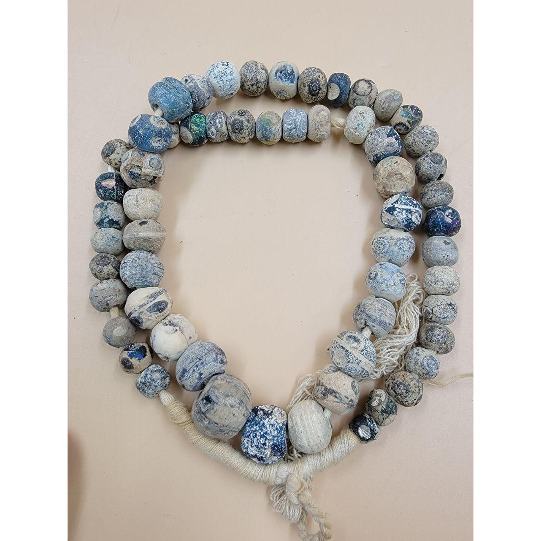 RARE STRING OF ANCIENT PHOENICIAN BLUE AND WHITE GLASS 'EYE' BEADS (59 TOTAL BEADS) (1 of 20)