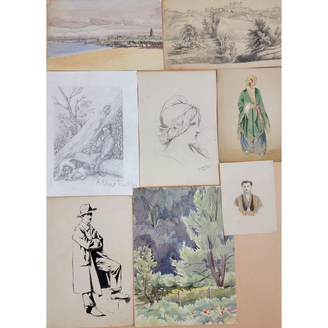 Lot Of 8 Watercolor Paintings, Pencil & Ink Drawings, One Signed Arthur Rackham Boy And Dog Seated (1 of 16)