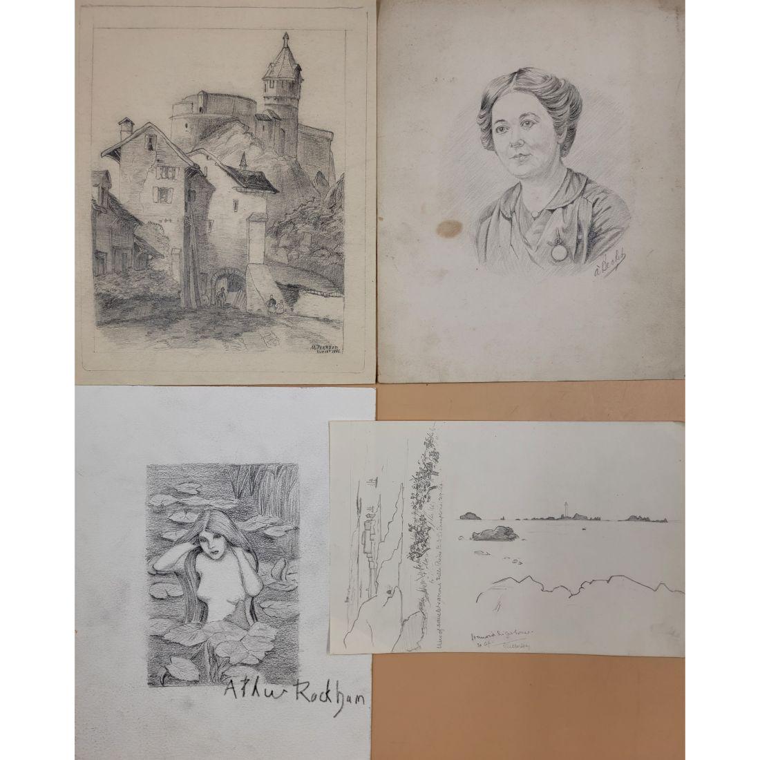 Grouping Of 4 Pencil Drawings 19-20th Century, Signed Arthur Rackham, M. Pearson & Albert A Baker (1 of 9)