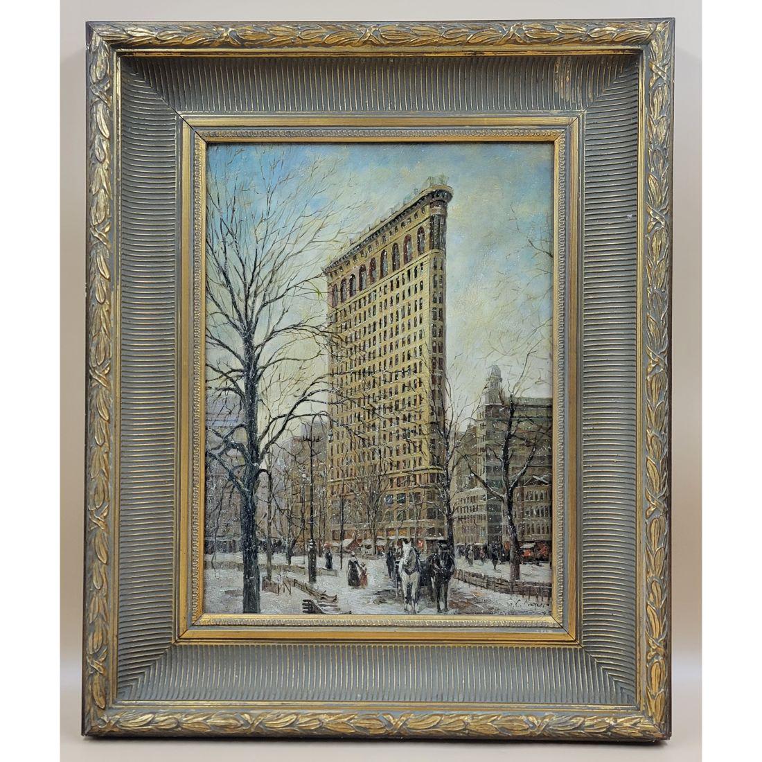 Colin Campbell Cooper 1856-1937 Flatiron Cityscape Painting New York O/C Laid On Board (SNOW SCENE): Colin Campbell Cooper 1856-1937 Flatiron Cityscape Painting New York Oil On Canvas Laid On Board (It Appears To Be In My Opinion). From a Mid-Florida Estate from an older gentleman. Frame Measure 22.5
