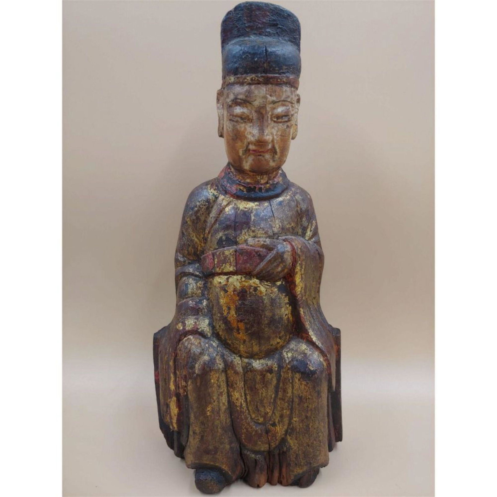 Antique polychromed Chinese Tao deity, Ming Dynasty.?: A sacred woodcarving with very significant age, having a pocket in the back to contain prayers. Found at a massive estate in St. Louis, Missouri, brimming with fine art, and obects dâ€™art from c