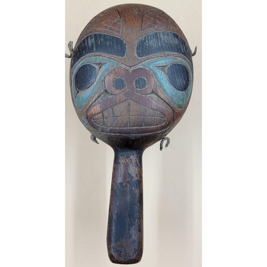 Vintage Tlingit / Haida Carved & Painted Wood Rattle: Native American, Pacific Northwest, Tlingit or Haida Rattle Hand Carved And Painted. Measure 9.5" X 4.5" X 2 1/4". This, and many lots forthcoming were found at the massive central Florida estate of a