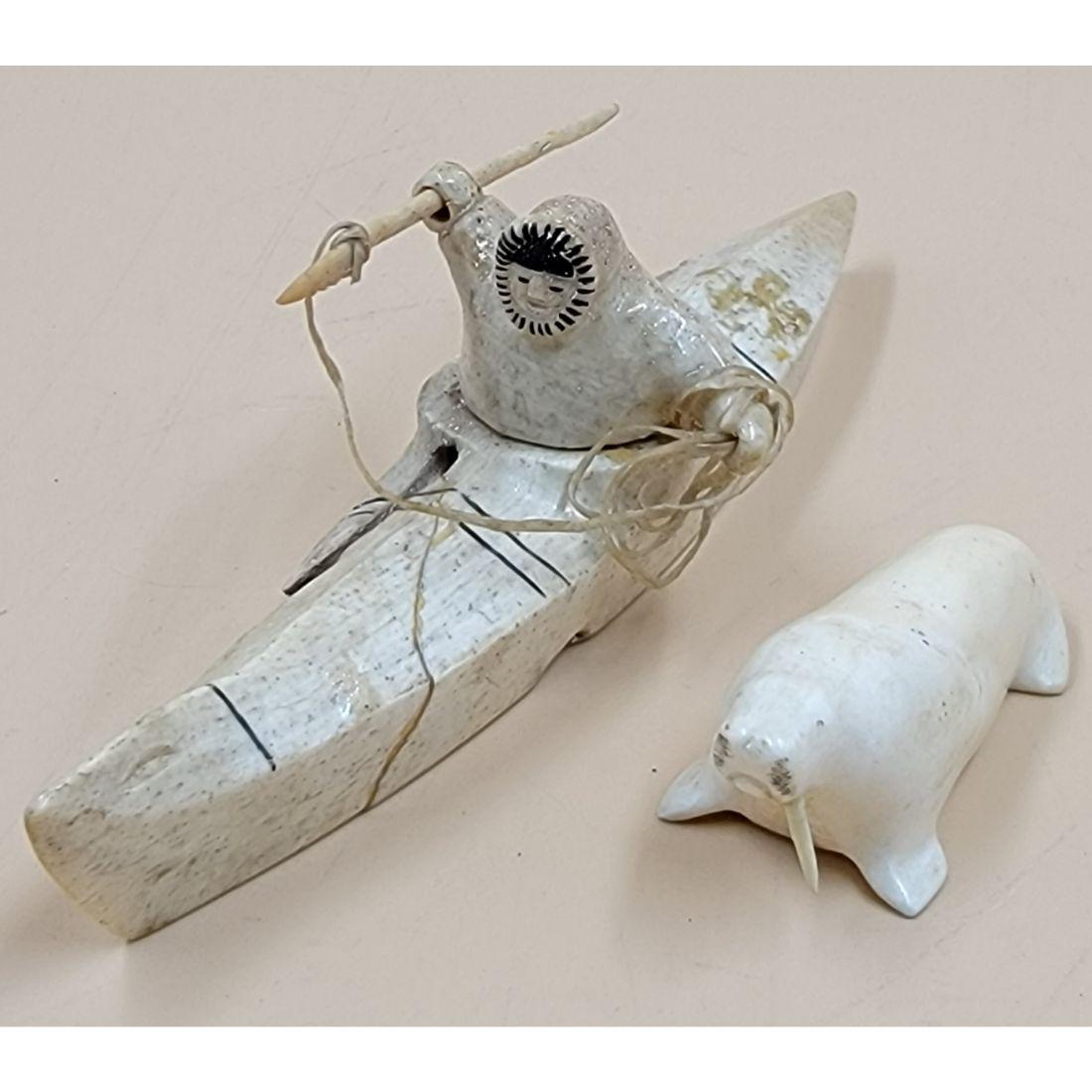 A Carved Eskimo Sculpture, Walrus And A Eskimo In A Kayak Model With A Harpoon (OOSIK) (1 of 19)