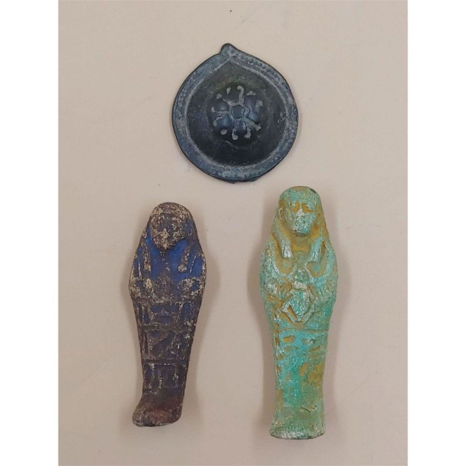 2  Ancient  Egyptian Ushabtiss & 1 Roman or Medieval Button (1 of 13)