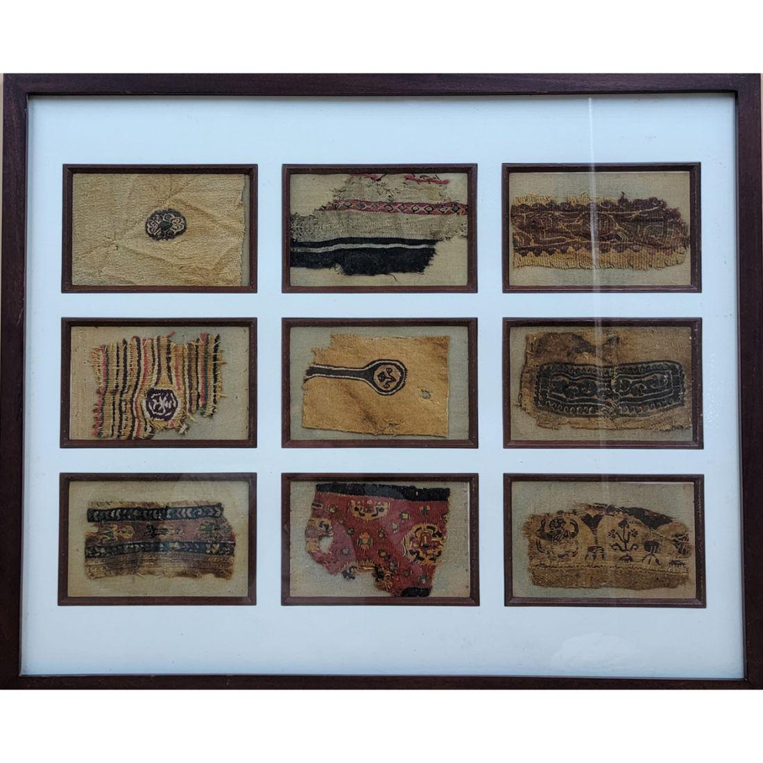 Early Old Textile Fabric "PERU" Framed, Total Of 9 In One Frame: Early Pre Colombian Old Textile Fabric "PERU". Frame Measure 19" X 23". This, and many lots forthcoming were found at the massive central Florida estate of a true antiquarian who amassed his magnifice