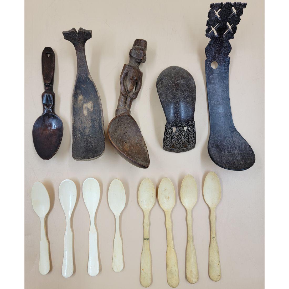 A Grouping Of Tribal Antique Spoons, Wood, Bone, And Coconut Shell (Timor) 19-20th C: A Grouping Of Tribal Antique Spoons, Wood, Bone, And Coconut Shell (Timor) 19-20th C, including an Inuit Whale Shaped Spoon. Spoons come in various sizes. This, and many lots forthcoming were found at