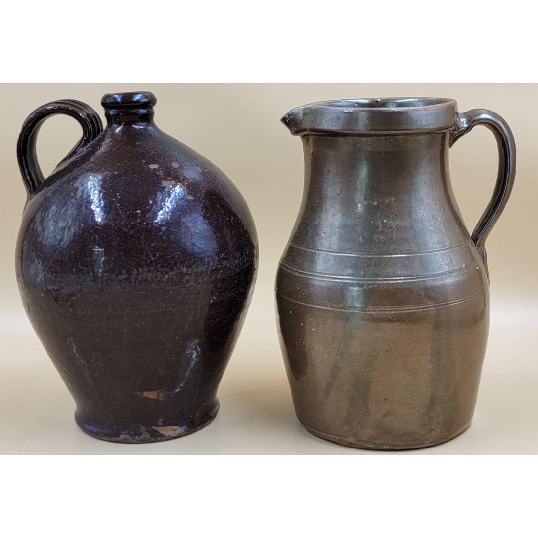 Antique Stoneware Crock Jug & Pitcher 19th C (2): Antique Stoneware Crock Jug & Pitcher 19th C. Measure FROM THE ESTATE OF THE LATE ROBERT RUEBSAMEN. Measure 10 1/4" & 10.5" Tall Respectively. Please carefully read our terms of sale, shipping informa