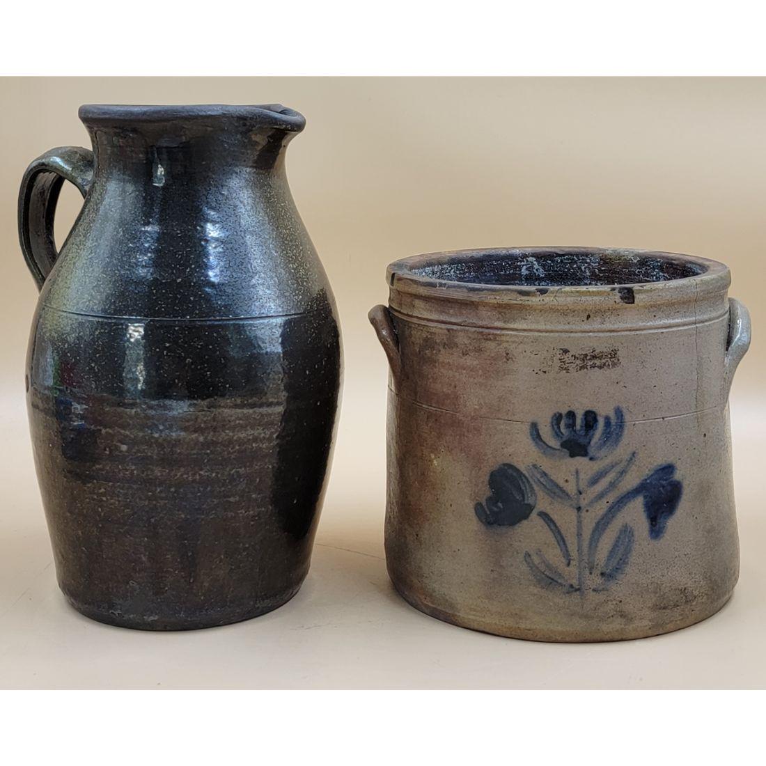Antique Stoneware Crock & Pitcher 19th C (2): Antique Stoneware Crock & Pitcher 19th C. Measure FROM THE ESTATE OF THE LATE ROBERT RUEBSAMEN. Measure 7" X 10.5". Please carefully read our terms of sale, shipping information, and request any condi