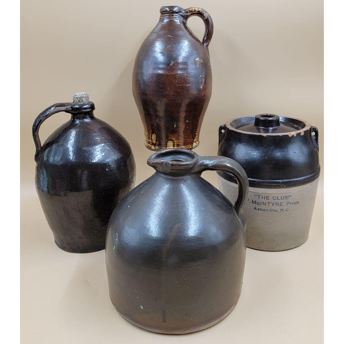 Lot Of 4 Brown-Glazed Stoneware Jugs: Lot Of 4 Brown-Glazed Stoneware Jugs. Jugs come in Various Sizes. FROM THE ESTATE OF THE LATE ROBERT RUEBSAMEN. Please carefully read our terms of sale, shipping information, and request any condition