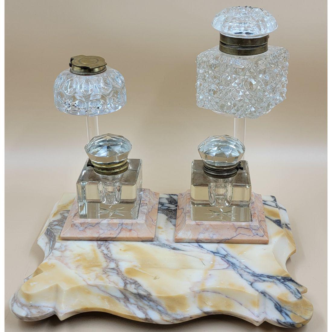 An Art Deco Inkwell With Marble Base And Two Heavy Glass Inkwells (1 of 19)