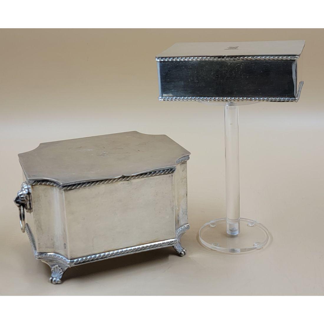 Antique English Silver Tea Caddy And Silver Box Mark W.A (William Adams): (NOT STERLING) Antique English Silver Tea Caddy And Silver Box Mark W.A (William Adams English Silversmith). Large Box Measure 7 1/4" X 5 1/4" X 4 1/4", Smaller Box 5 1/4" X 3.5" X 1 3/4". Please care