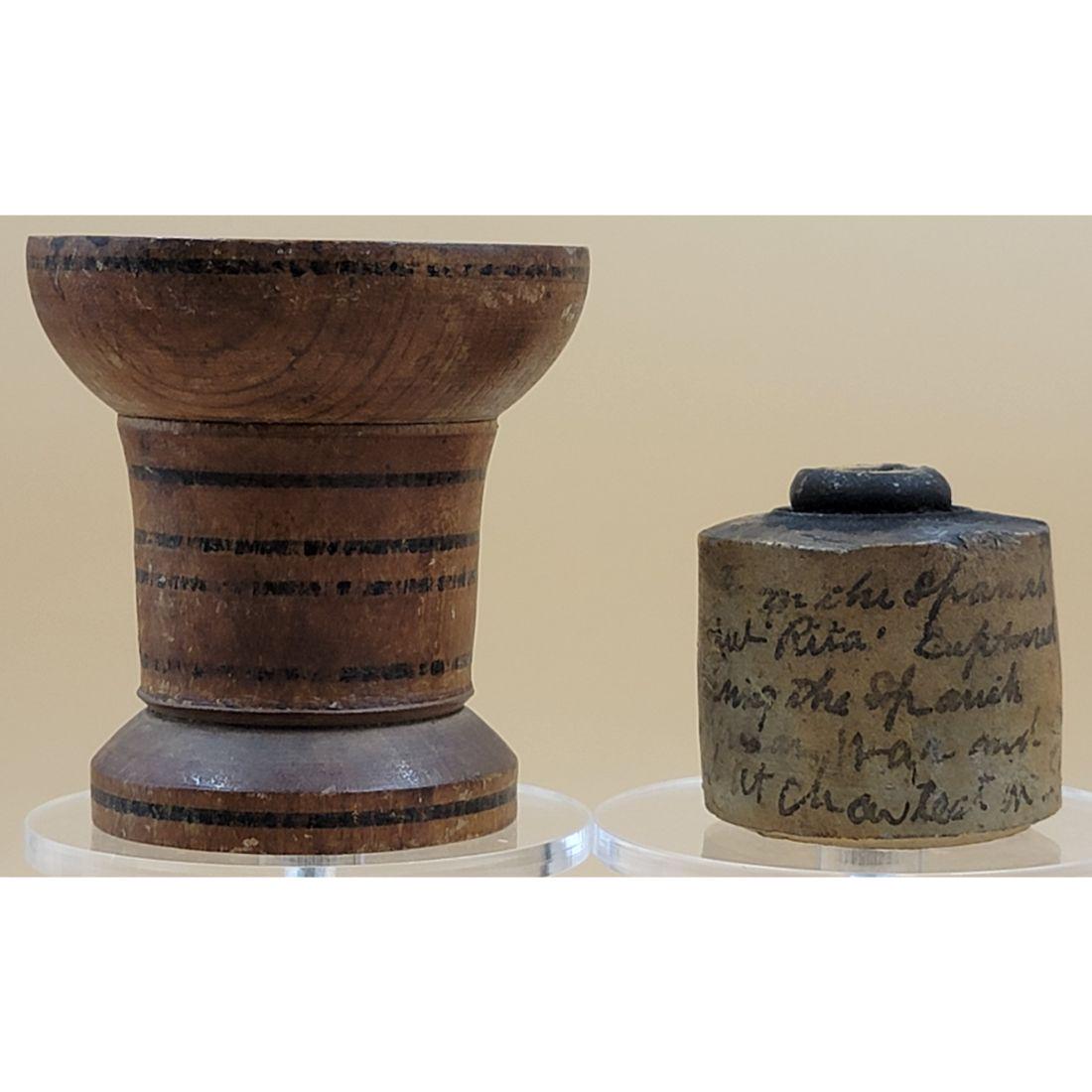 18th C Primitive Wooden Pounce Pot / Sander & Rare Stoneware Ink Bottle W/ History RITA THE STEAMER (1 of 15)