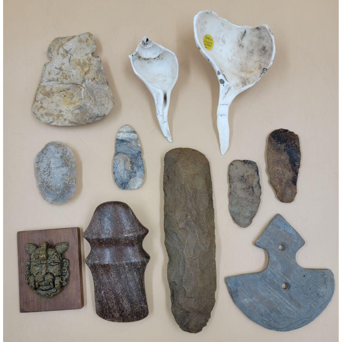Grouping Of Artifacts, Stone Axe Points Shell Spoon 11 Pieces, Age Unknown (1 of 20)