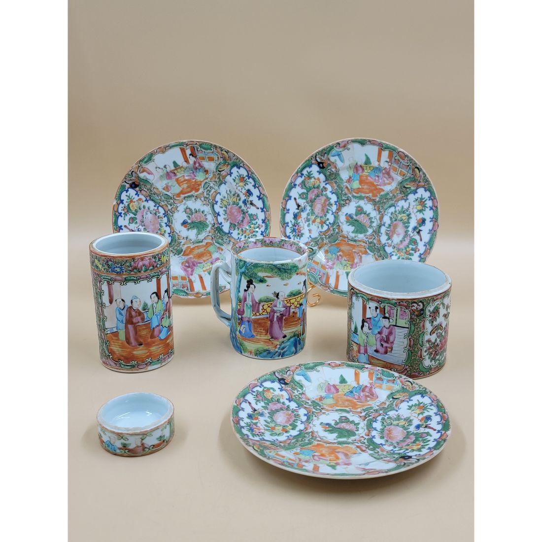 A Grouping Of Chinese Rose Medallion & Rose Mandarin Porcelain Dishes, Brush Pot Plates Etc..: A Grouping Of Chinese Rose Medallion & Rose Mandarin Porcelain Dishes, various sizes. Please carefully read our terms of sale, shipping information, and request any condition reports or photos prior t