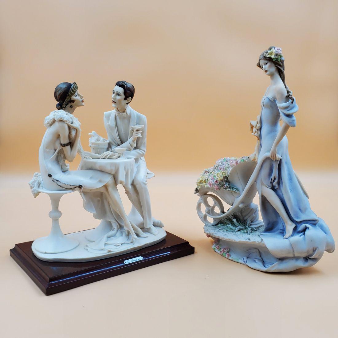 Giuseppe Armani Figurines Couple Having Drinks And Woman With Flowers