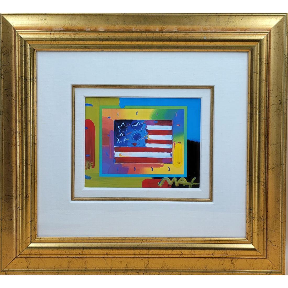 Original Peter Max" Flag With Heart On Blends" Mix Media Signed With COA 2005 (1 of 3)