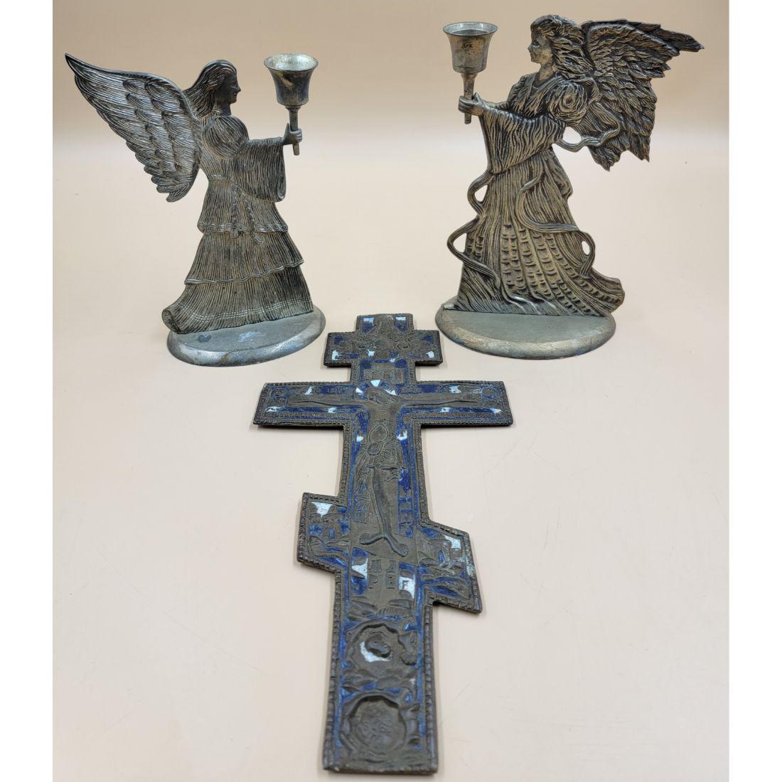 Antique 19th Century Bronze & Enamel Russian Cross & 2 Candle Holders (1 of 18)
