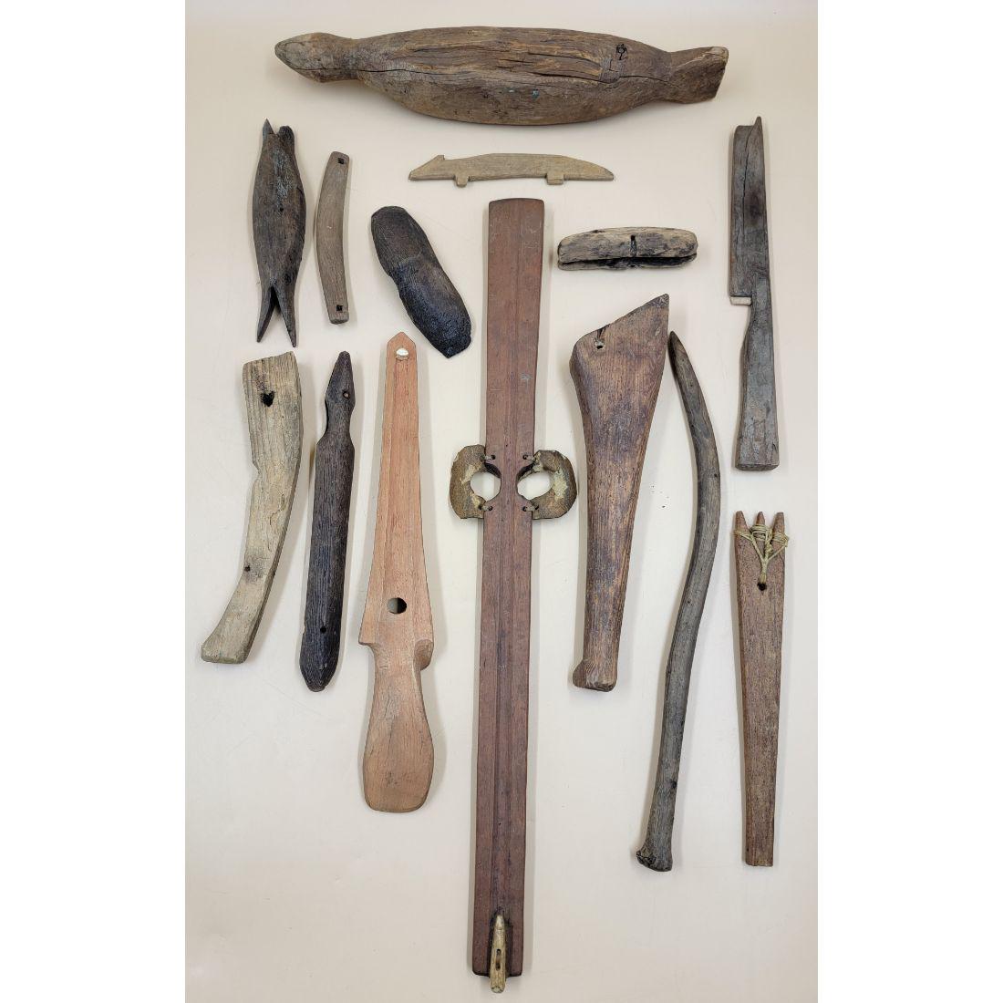 A Grouping Of Vintage Alaskan Eskimo / Inuit Wooden Tools (14Pcs): http://eskimo-art.org/site/ (PLEASE VISIT THIS LINK TO SEE SOME EXAMPLES) A Grouping Of Vintage Alaskan Eskimo / Inuit Wooden Tools (4Pcs), Various Sizes. This, and many lots forthcoming were found at