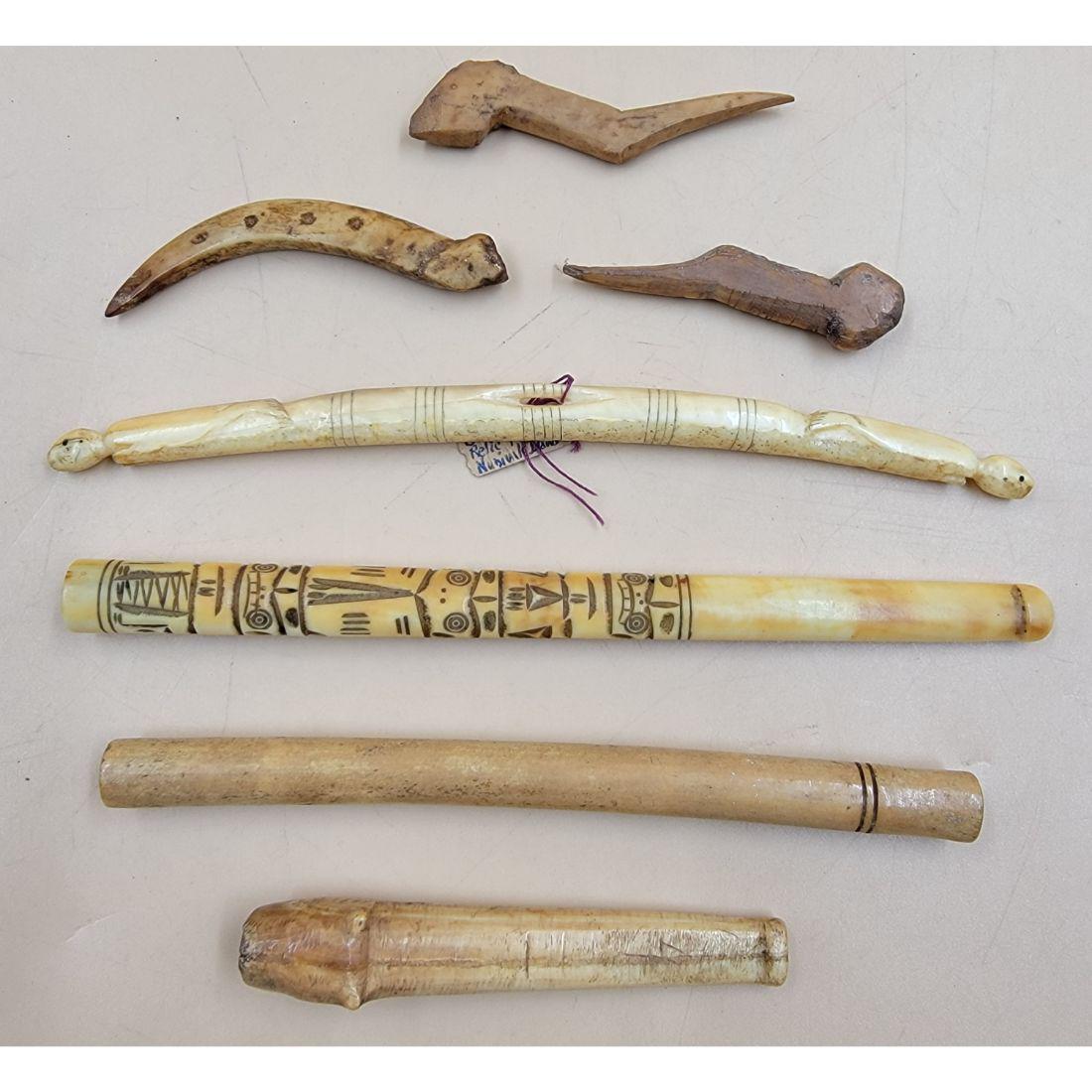 A Grouping Of Eskimo Alaskan / Inuit Implements / Tools (7PC) Bag Fastener , And Needle Case: http://eskimo-art.org/site/ (PLEASE VISIT THIS LINK TO SEE SOME EXAMPLES) A Grouping Of Eskimo Alaskan / Inuit Implements / Tools (7PC) Bag Fastener With Two Carved Seals, Needle Cases, Cigarette Hold