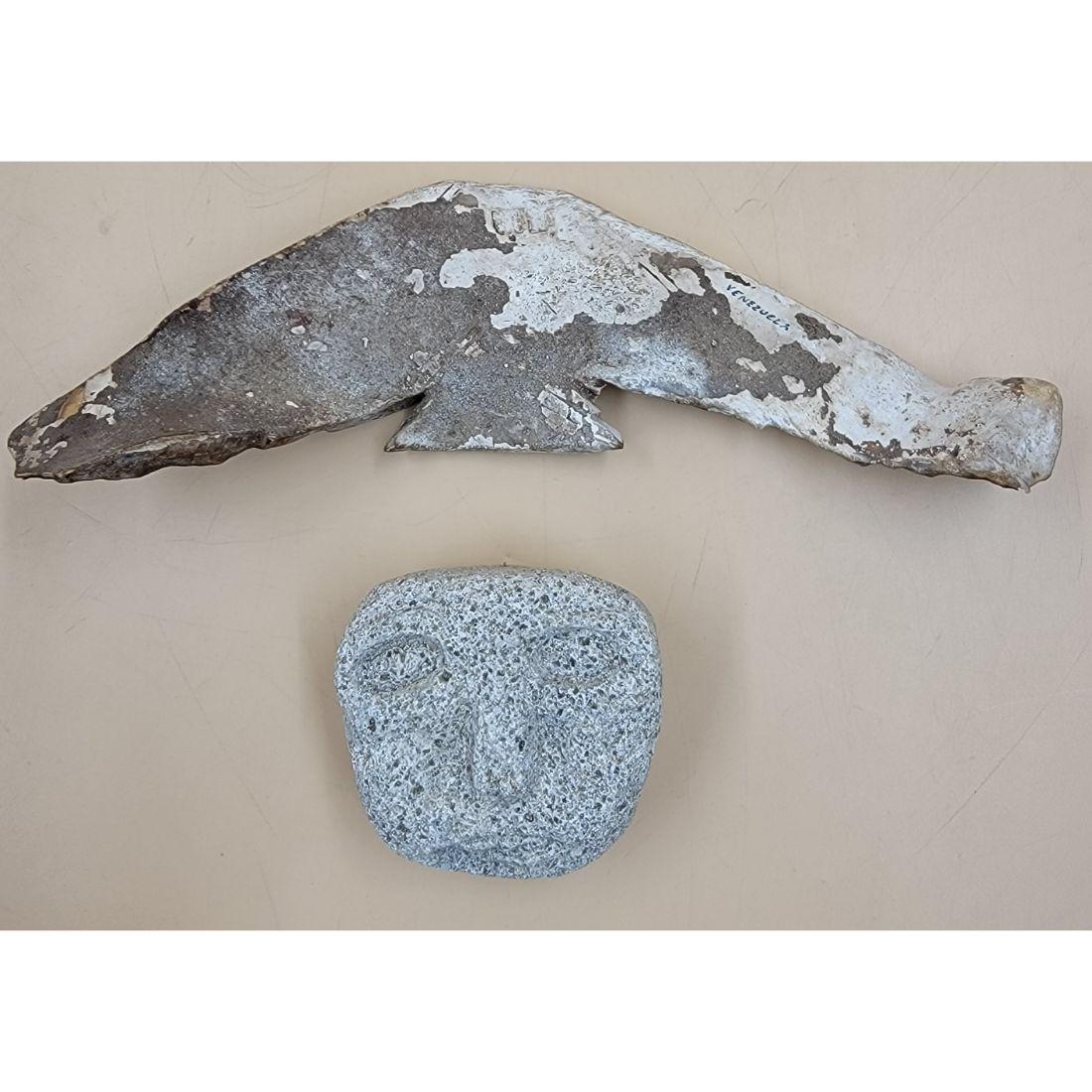 Alaskan Eskimo / Inuit Carved Face, A Winged Fossilized Implement Mark Venezuela: Lot Of 2 Alaskan Eskimo / Inuit Carved Face, A Winged Fossilized Implement Mark Venezuela. Face Measure 3" X 3" X 1.5", Winged Pce 9.5" X 2 3/4". Measure This, and many lots forthcoming were found at 