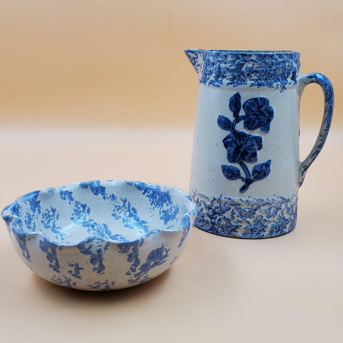 Spongeware Salt Glazed Pitcher & Bowl (1 of 10)
