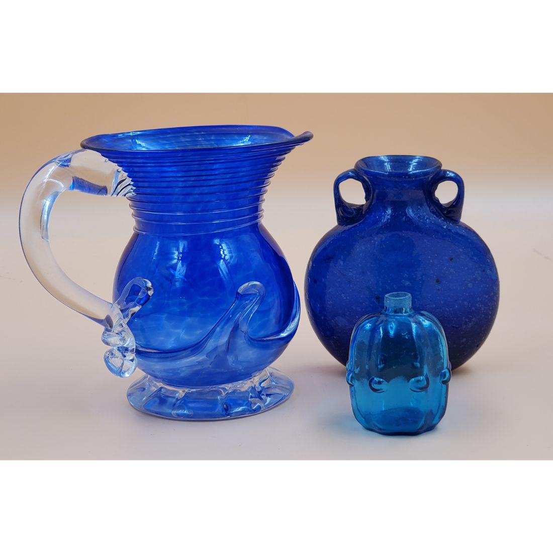 Lot of Hand-Blown Cobalt Blue Glass Pitcher, Bottle, & Flask (1 of 13)
