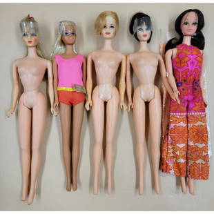 Vintage Barbie Doll Lot: A very nice assortment of 5 vintage Mod Barbie dolls all in good to very good display conditions. Dolls were from a large displayed collection. Will be a great addition for the collector. Please caref