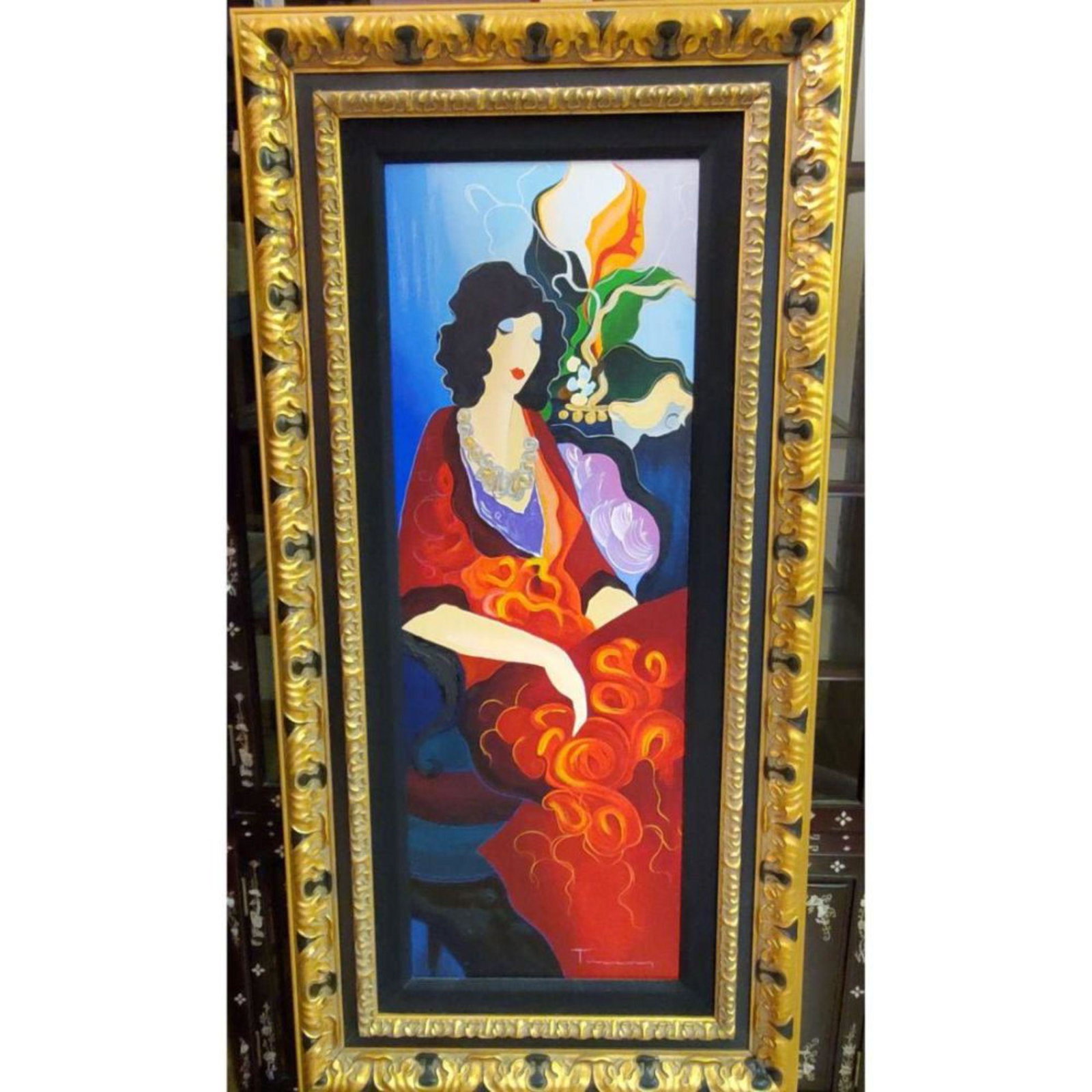 Signed Itzchak Tarkay Serigraph on Canvas "Red Dress II" (1 of 4)