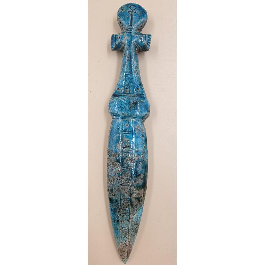 Egyptian Faience Dagger Possibly New Kingdom: Egyptian Faience Dagger, Possibly New Kingdom. Measure 8 3/4" Long. Description: An unauthenticated, but impressive Egyptian artifact, found at a massive estate in St. Louis, Missouri, brimming with f