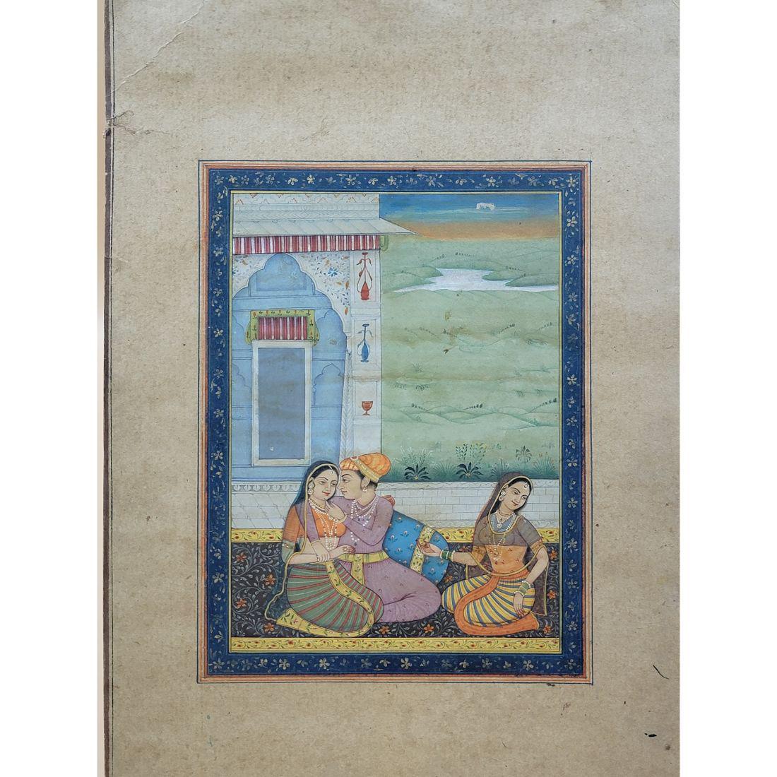 Indian Rajasthani Bundi School Painting Of A King, Queen And Attendant On A Palace Terrace: Indian Rajasthani Bundi School Painting Of A King, Queen And Attendant On A Palace Terrace. Measure 13" X 8 3/4". Please carefully read our terms of sale, shipping information, and request any conditi