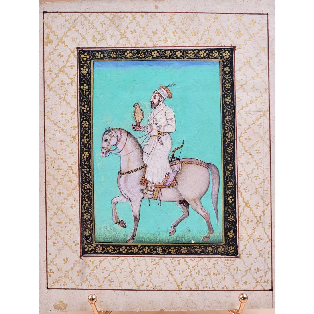 Indian Mughal Painting King On A Horse Back: Indian Mughal Painting King On A Horse Back. Measure 9" X 7.5". Please carefully read our terms of sale, shipping information, and request any condition reports or photos prior to placing a bid. Any c