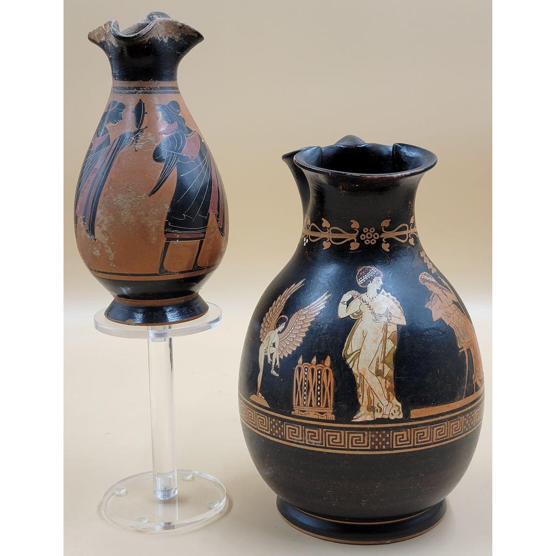 Lot Of 2 Greek Amphora, Large One Newer Reproduction Small One Older: Lot Of 2 Greek Amphora, Large One Newer Reproduction Small One Older (DAMAGE TO RIME AREA SEE PIC). Please carefully read our terms of sale, shipping information, and request any condition reports or 