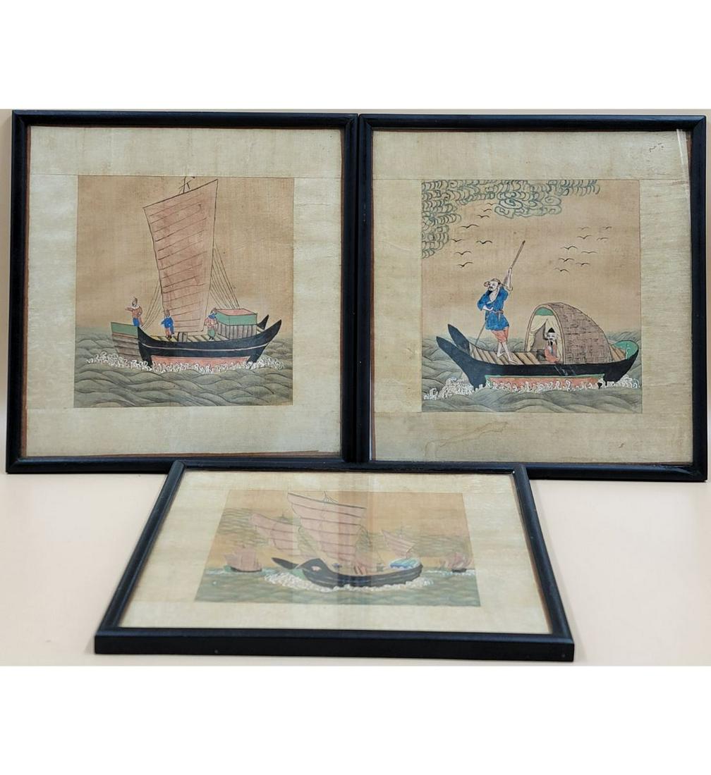 Set Of 3 Old Chinese Paintings Unsigned Ink And Color On Silk (1 of 19)