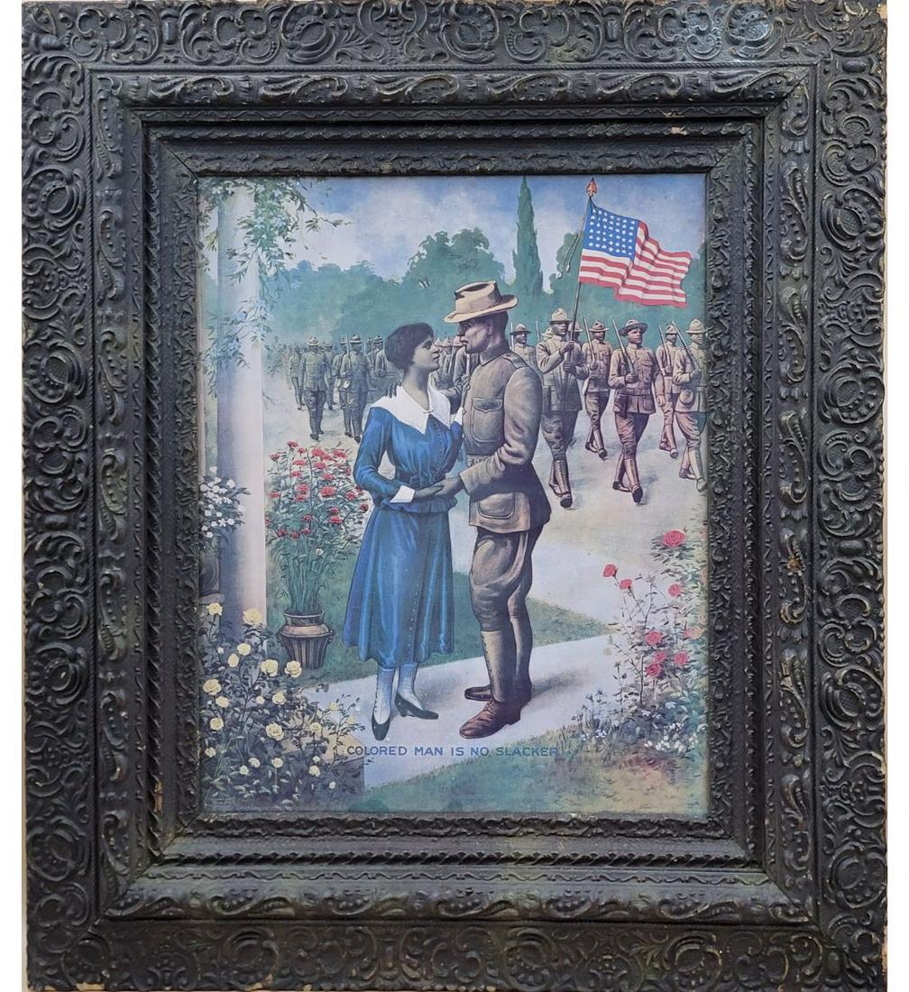 World War I "COLORED MAN IS NO SLACKER" 1918 E.G RENESCH 1918, AFRICAN AMERICAN INFANTRY UINT: War I "COLORED MAN IS NO SLACKER" 1918 E.G RENESCH 1918, AFRICAN AMERICAN INFANTRY UINT RECRUITMENT POSTER, 42 STAR FLAG. Frame Measure 30" X 26", Sight 19.5" X 15.5". Please carefully read our terms