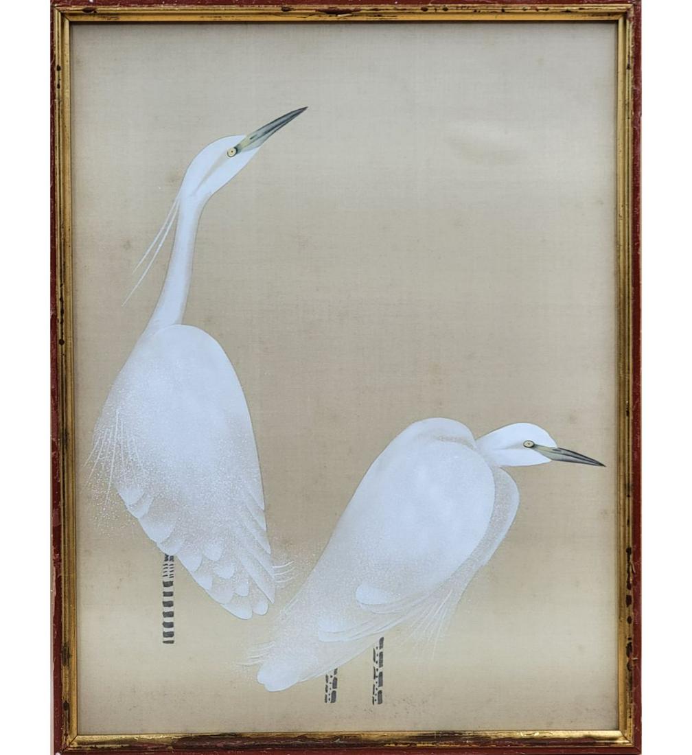 A Fine Unsigned Painting Of 2 Egrets On Silk, Oriental Painting Of 2 Egret (1 of 9)