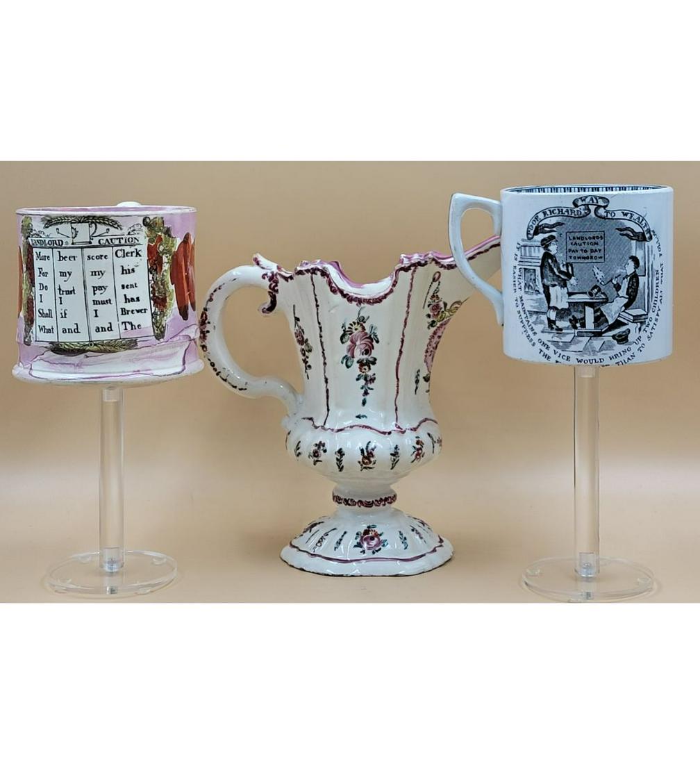 18th Century English Liverpool Creamware Cups? And A Very Old Creamer Or Pitcher: 18th Century English Creamware Cups? And A Very Old Creamer Or Pitcher. Cups Measure Approx. 4" Tall And Creamer 8 1/4" Tall. Please carefully read our terms of sale, shipping information, and request